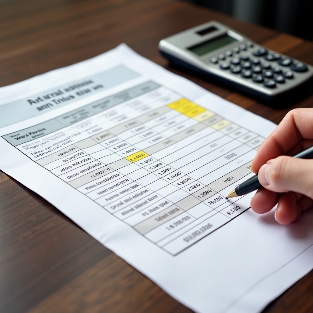 Area calculation table document showing net and gross floor area figures for each unit
