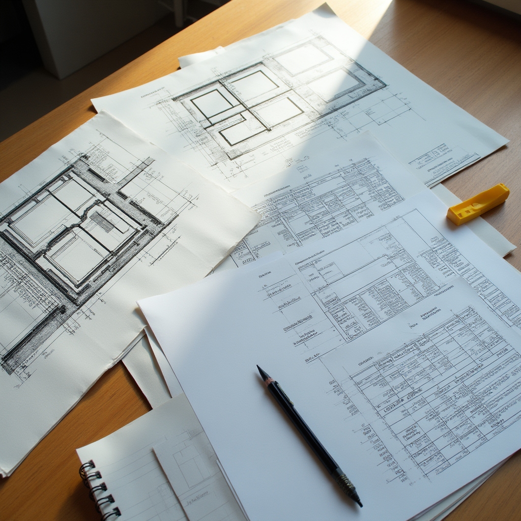 Construction documents spread on a table including floor plans and permits