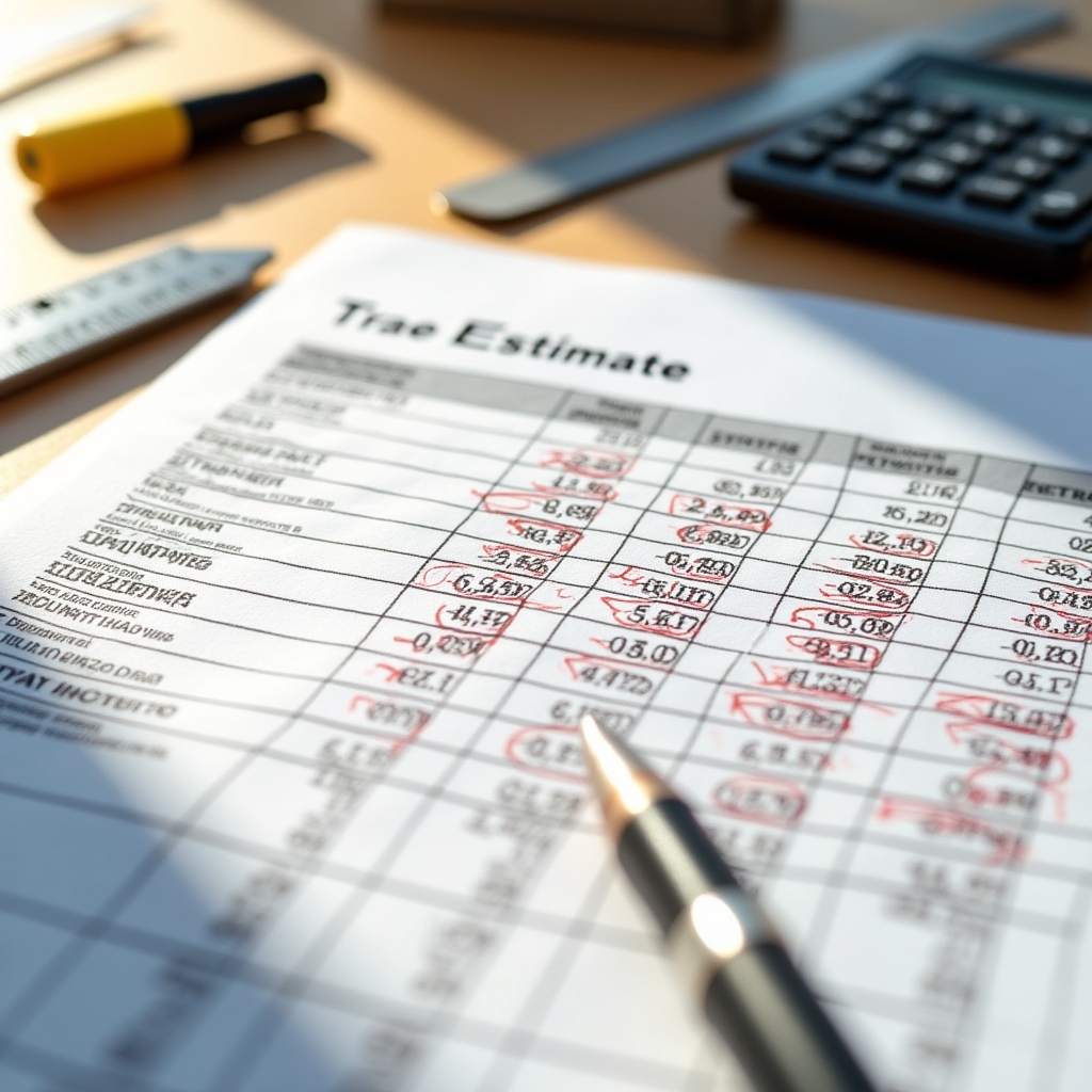 Detailed construction cost estimate spreadsheet showing trade categories and unit prices