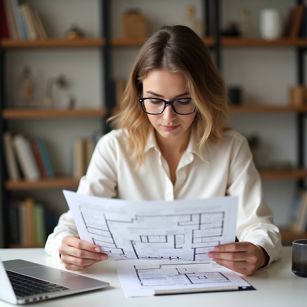 Investor carefully reviewing construction project documents at a desk