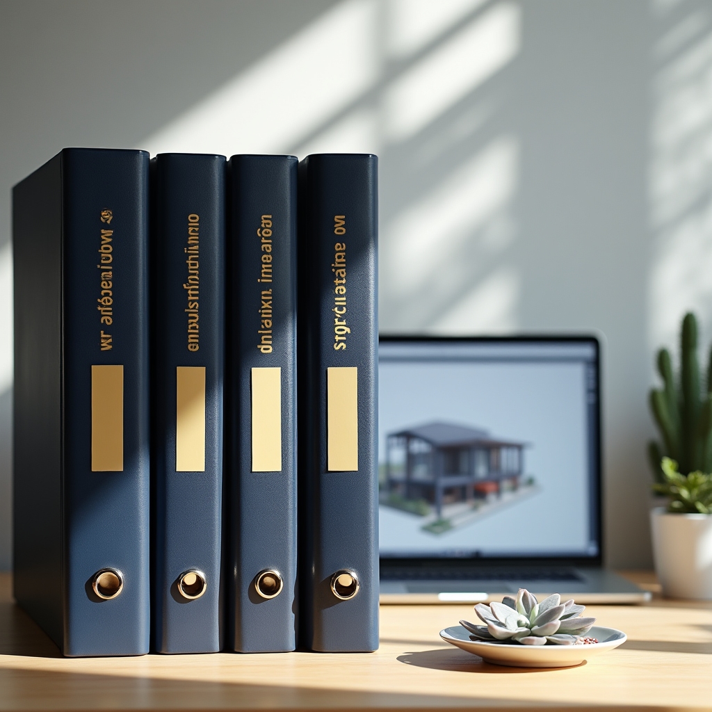 Complete set of construction project documentation folders stacked on an architect's desk