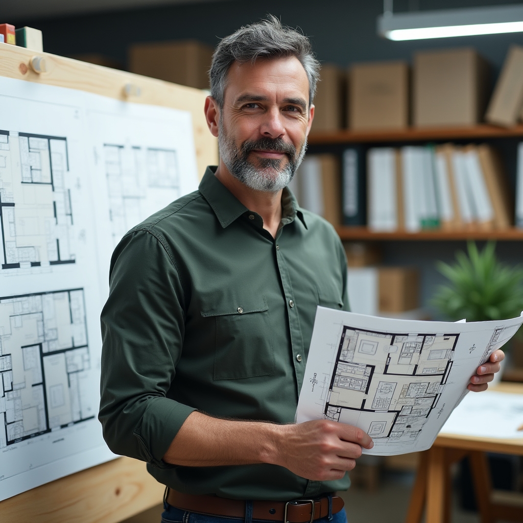 Workshop instructor reviewing construction drawings at a desk