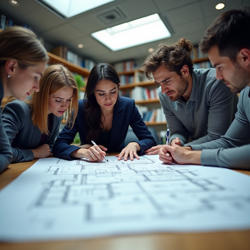 Workshop participants studying construction blueprints together
